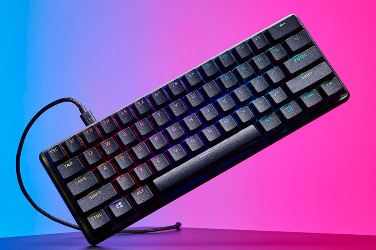 Alloy Origins 60 Gaming keyboard with pastel blue and purple background