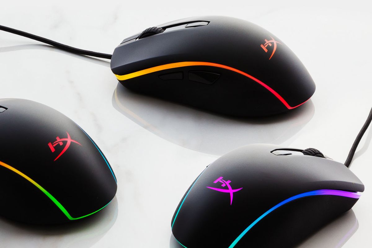 three pulsefire surge gaming mice on a white background, displaying RGB lighting