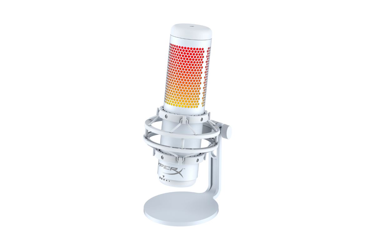 hyperx quadcast s white microphone tilted on white background