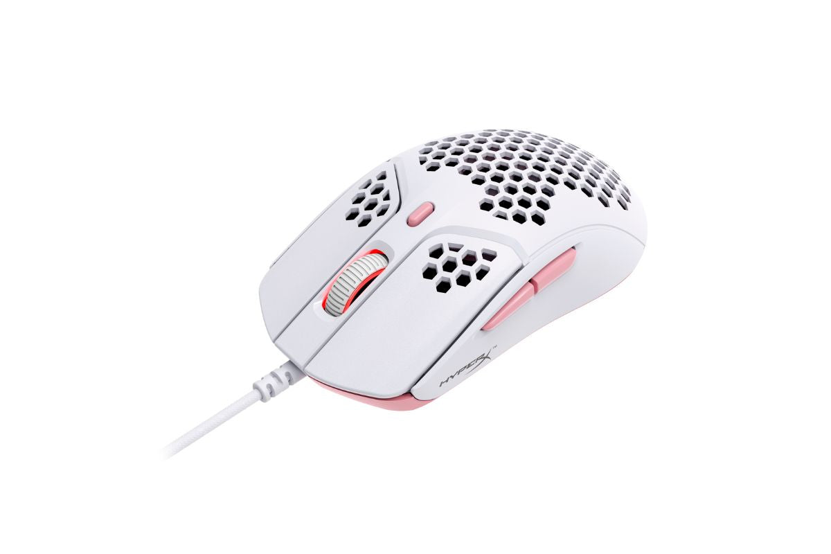 HyperX Pulsefire haste wired mouse in white and pink on a white background